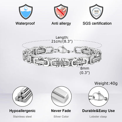 Stainless Steel Bracelet 8mm Wide Vintage Style Bold Square Links Chain Wristband