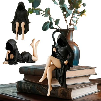 Resin Mysterious Statue Robe Sitting Women Sculpture 3D Sculpture of Mysterious Bookshelf for Tabletop Or Bookshelf Decorations