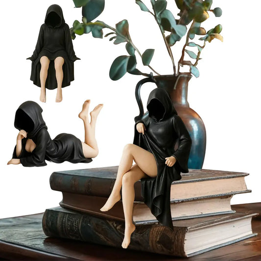Resin Mysterious Statue Robe Sitting Women Sculpture 3D Sculpture of Mysterious Bookshelf for Tabletop Or Bookshelf Decorations