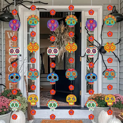 Day of the Dead Party Supplies 8 Pcs Sugar Skull Decorations Mexican Fiesta Banner for Home Wall Door Hanging Decorations