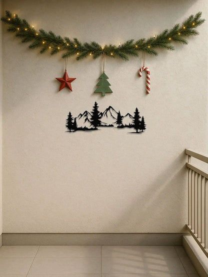 "Mountain & Forest Metal Wall Art – Black Farmhouse Decor | Nature-Inspired Indoor Hanging"