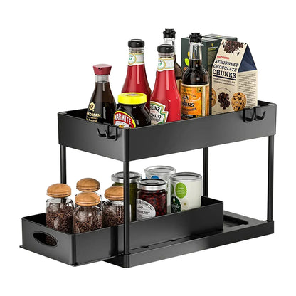 Under Sink 2 Tier Sliding Cabinet Basket Organizer Storage Rack with Hooks Hanging Cup Bathroom Multifunctional Storage Rack