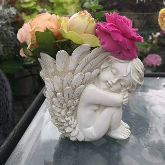 Vintage European Angel Girl Cupid Resin Statue Sculpture Desktop Decor for Home Office Flower Pot Pen Holder Ornament