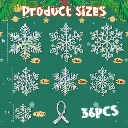 36 Pack Christmas Ornaments Snowflakes Decorations Iridescent Plastic Snowflakes Hanging Decorations for Winter Holiday Christm
