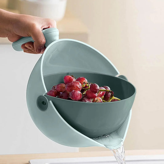 2 in 1 Kitchen Colander Set, Vegetable and Fruit Rotating Cleaning Colander with Handle, for Fruits Vegetables Pasta Noodles Was