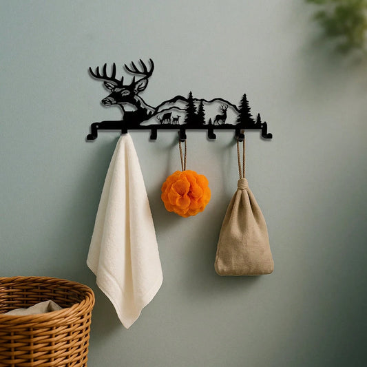"Boho Deer & Forest Woodland Wall Key Holder – Rustic Entryway Organizer, Nature-Inspired Decor & Gift"