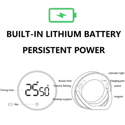 LED Digital Electronic Timer USB Rechargeable Magnetic Shower Study Stopwatch 3-Level Volume Back Bracket Design Kitchen Tools