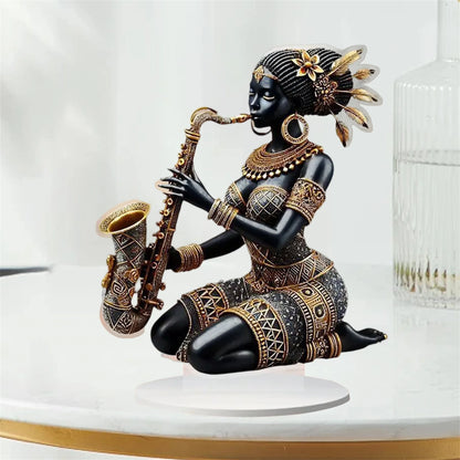 African Lady Figurine Sculpture with Saxophone Musical Instrument Handcrafted Tribal Art Statue for Home Office Decor and