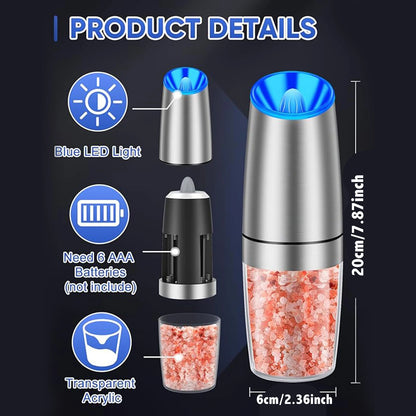 1pc/2pcs, Gravity Electric Salt And Pepper Grinder - Salt & Pepper Mill Sets With LED Light, One Hand Automatic Operation, Adjus