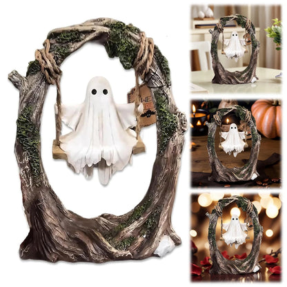 Ghost on Tree Swing Statue Resin Small Ghost Figurine Multi-Purpose Lovely Ghost Decorations for Desktop Bookshelf Decor