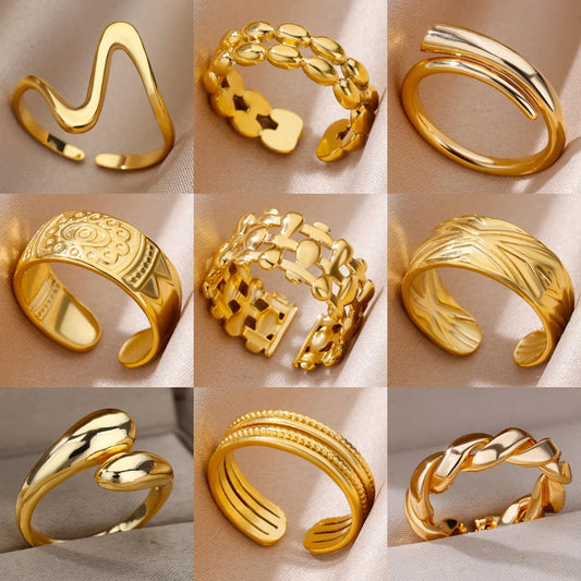 Stainless Steel Gold Color Adjustable Ring Vintage Charm