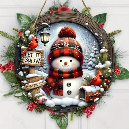 Snowman Christmas Wreath Centerpiece -Round Holiday Door Wall Hanging Ornament,Must-Have Xmas Home Decor for Festive Celebration