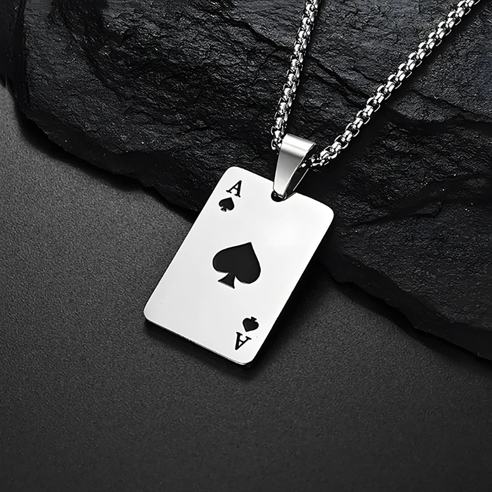 Stainless Steel Poker Card Ace of Spades Necklace Pendant Chain Playing Cards Jewelry Ace of Hearts Necklaces