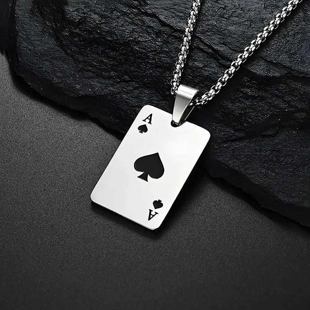 Stainless Steel Poker Card Ace of Spades Necklace Pendant Chain Playing Cards Jewelry Ace of Hearts Necklaces