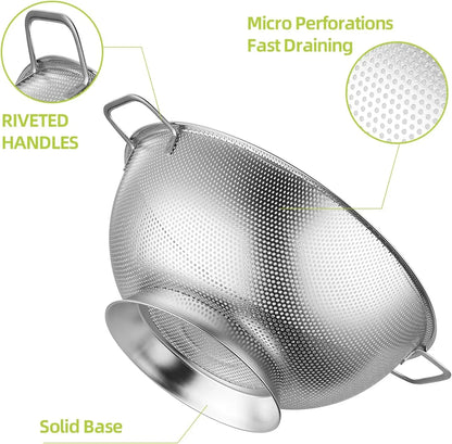 3Qt Metal Colander with Handle, Stainless Steel Strainer for Kitchen, Mesh Strainer for Washing Pasta, Spaghetti, Berry, Fruit,