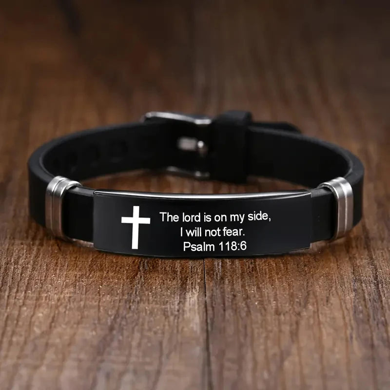 Cross Bible Verse Bracelet Black Stainless Steel Inspirational Bracelets