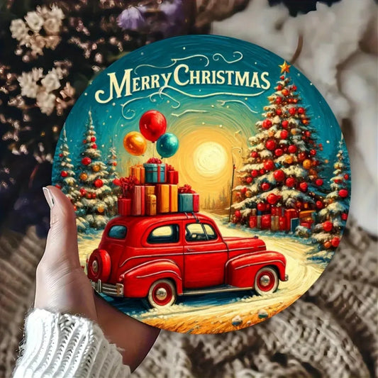 "'Christmas Car' Round Metal Sign" – Durable Iron Wall Art, Unique Vintage Holiday Decor