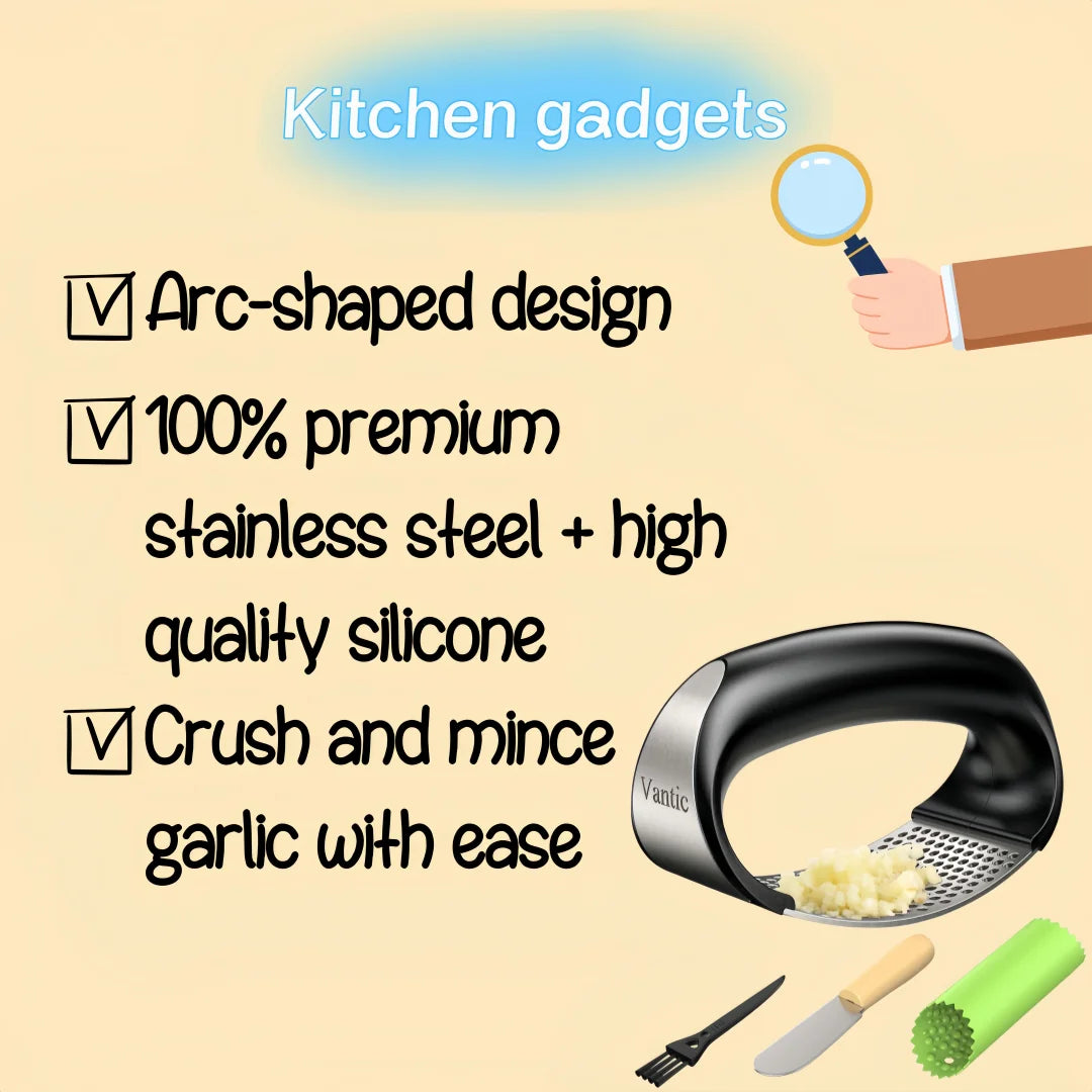 Garlic Press Rocker - Easy Squeeze Mincer & Crusher with Peeler, Effortless Kitchen Gadget for Fast Cooking, Dish Prep