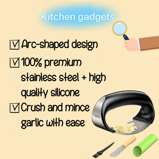 Garlic Press Rocker - Easy Squeeze Mincer & Crusher with Peeler, Effortless Kitchen Gadget for Fast Cooking, Dish Prep