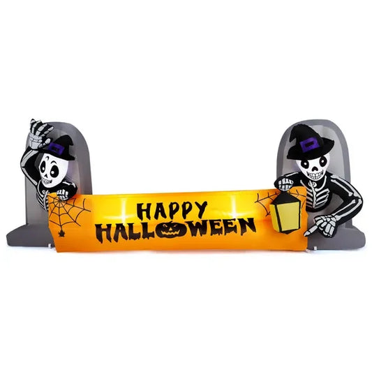9.6T Halloween Inflatable Skeleton Tombstone Banner, Outdoor Yard Decor with Built-in LEDs