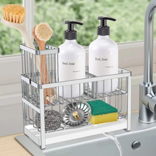 Sponge Holder for Kitchen Sink Organizer Caddy,2 Tier Dish Brush Scrubber Holder,Stainless Steel Sink Box Utensil Holder,Soap D