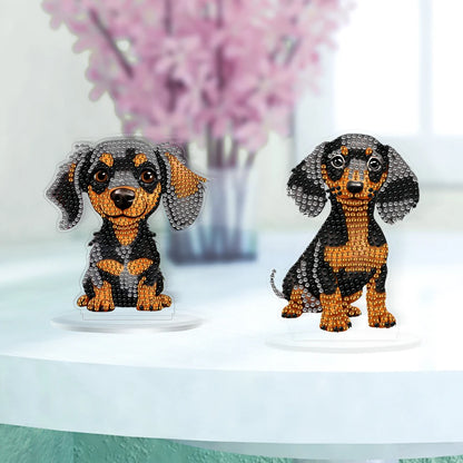 2Pcs Acrylic Special Shaped Cute Dachshund Diamond Painting Tabletop Ornaments Kit Desktop Diamond Art Kits for Table Decoration