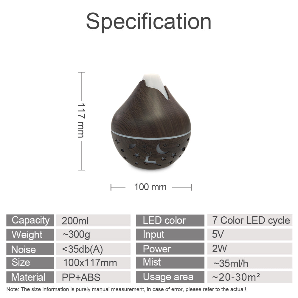 200ML USB Air Humidifier Electric Aroma Diffuser Mist Wood Grain Oil Diffuser have 7 LED Light Humidifier and two bottles of ess