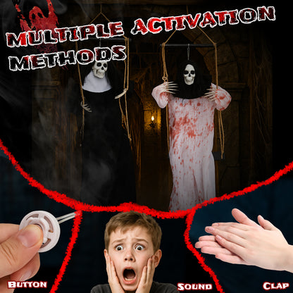 Outdoor Halloween Decorations - 2 Packs Hanging Ghosts Decor with Light-Up Eyes & Scary Scream, 3ft Grim Reaper Swinging Ghost