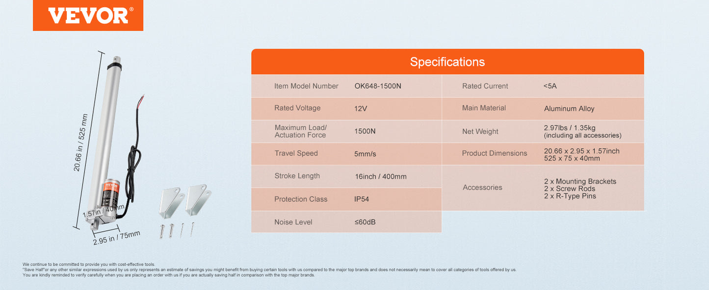 SucceBuy 1500N 12V Linear Actuator Electric Linear Motor Controller with Mounting Bracket For Home Automation Sofa Recliner Lift
