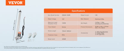 SucceBuy 1500N 12V Linear Actuator Electric Linear Motor Controller with Mounting Bracket For Home Automation Sofa Recliner Lift