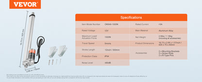 SucceBuy 1500N 12V Linear Actuator Electric Linear Motor Controller with Mounting Bracket For Home Automation Sofa Recliner Lift