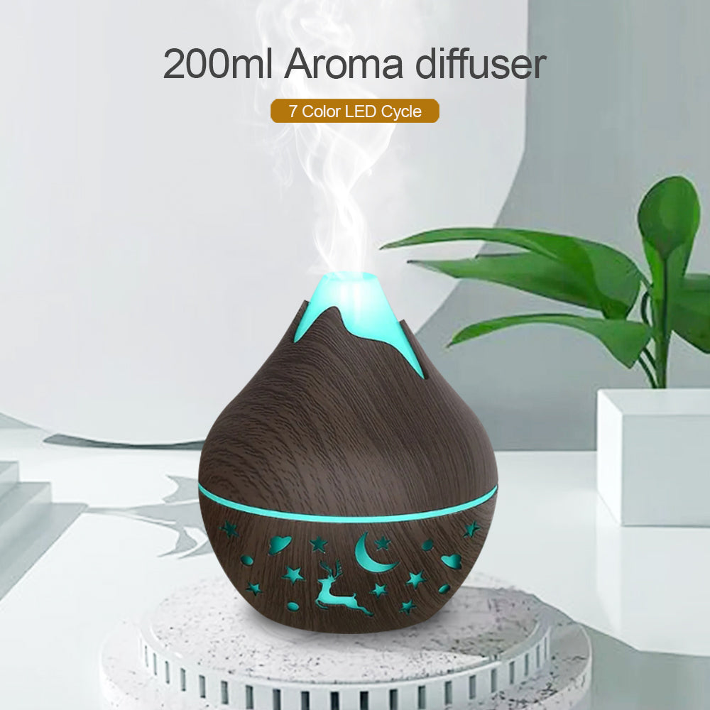 200ML USB Air Humidifier Electric Aroma Diffuser Mist Wood Grain Oil Diffuser have 7 LED Light Humidifier and two bottles of ess