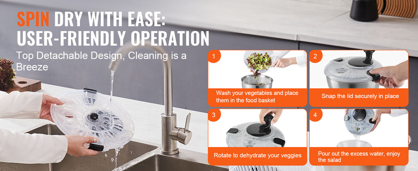 SucceBuy Stainless Steel Salad Spinner 4.75Qt One-handed Easy Press Large Vegetable Dryer Washer Lettuce Cleaner and Dryer