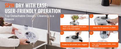 SucceBuy Stainless Steel Salad Spinner 4.75Qt One-handed Easy Press Large Vegetable Dryer Washer Lettuce Cleaner and Dryer