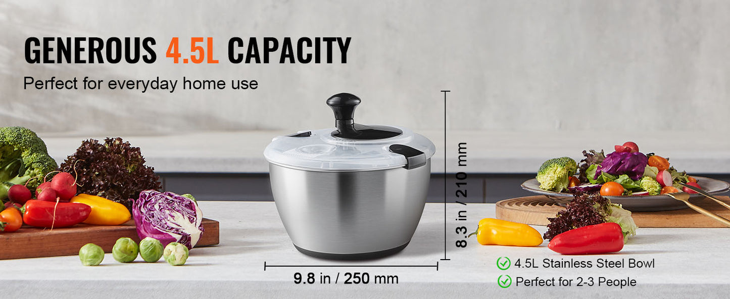 SucceBuy Stainless Steel Salad Spinner 4.75Qt One-handed Easy Press Large Vegetable Dryer Washer Lettuce Cleaner and Dryer