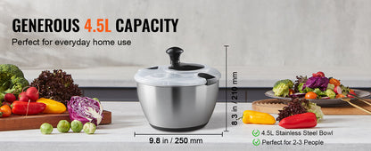 SucceBuy Stainless Steel Salad Spinner 4.75Qt One-handed Easy Press Large Vegetable Dryer Washer Lettuce Cleaner and Dryer